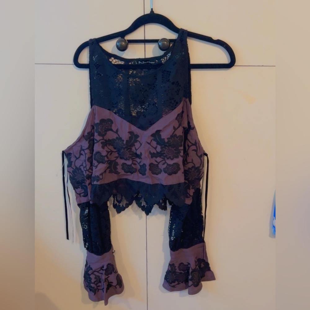 For Love & Lemons Lace Long Sleeve Crop Top Black Mauve Embroidered Boho S